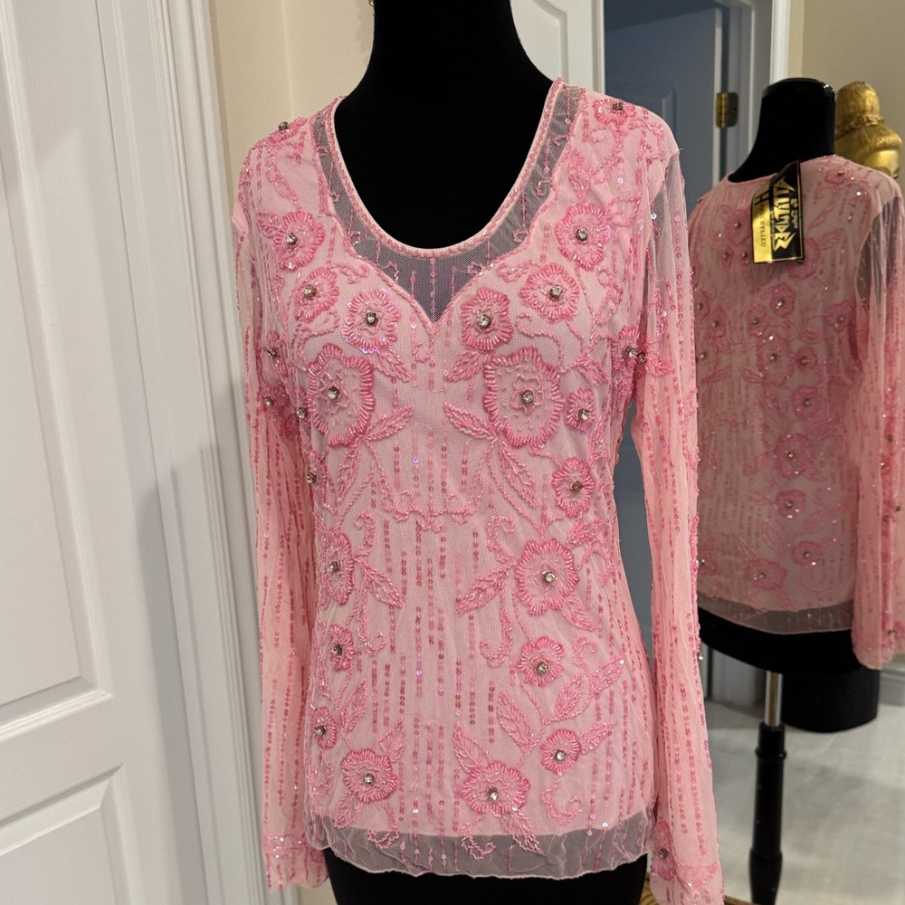 Elegant‎ Pink Attitudes by Debra hand beaded with rhinestone accents Women's Top